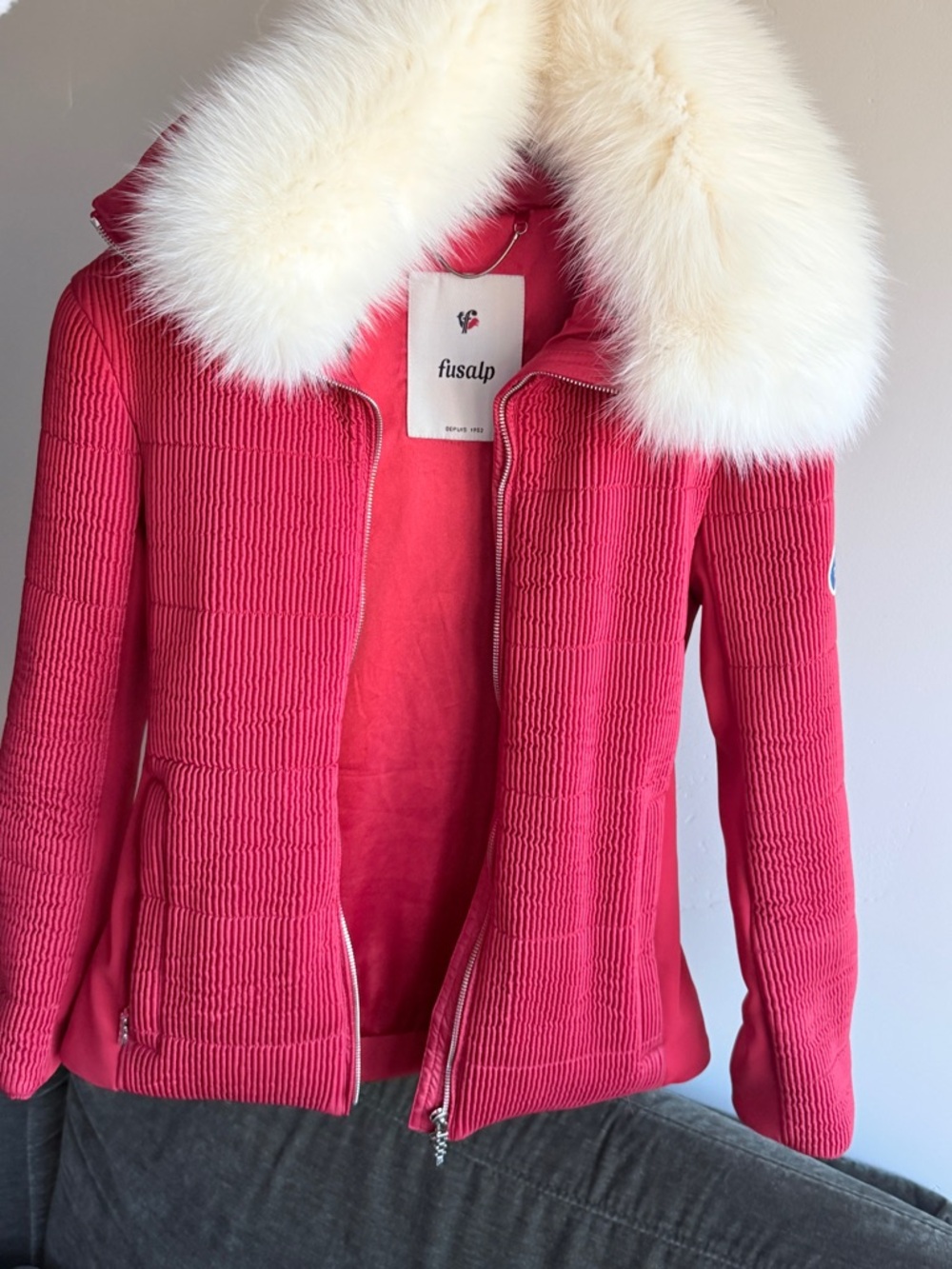 Fusalp Pink-Red Quilted Ski Jacket with Cream Faux Fur Collar